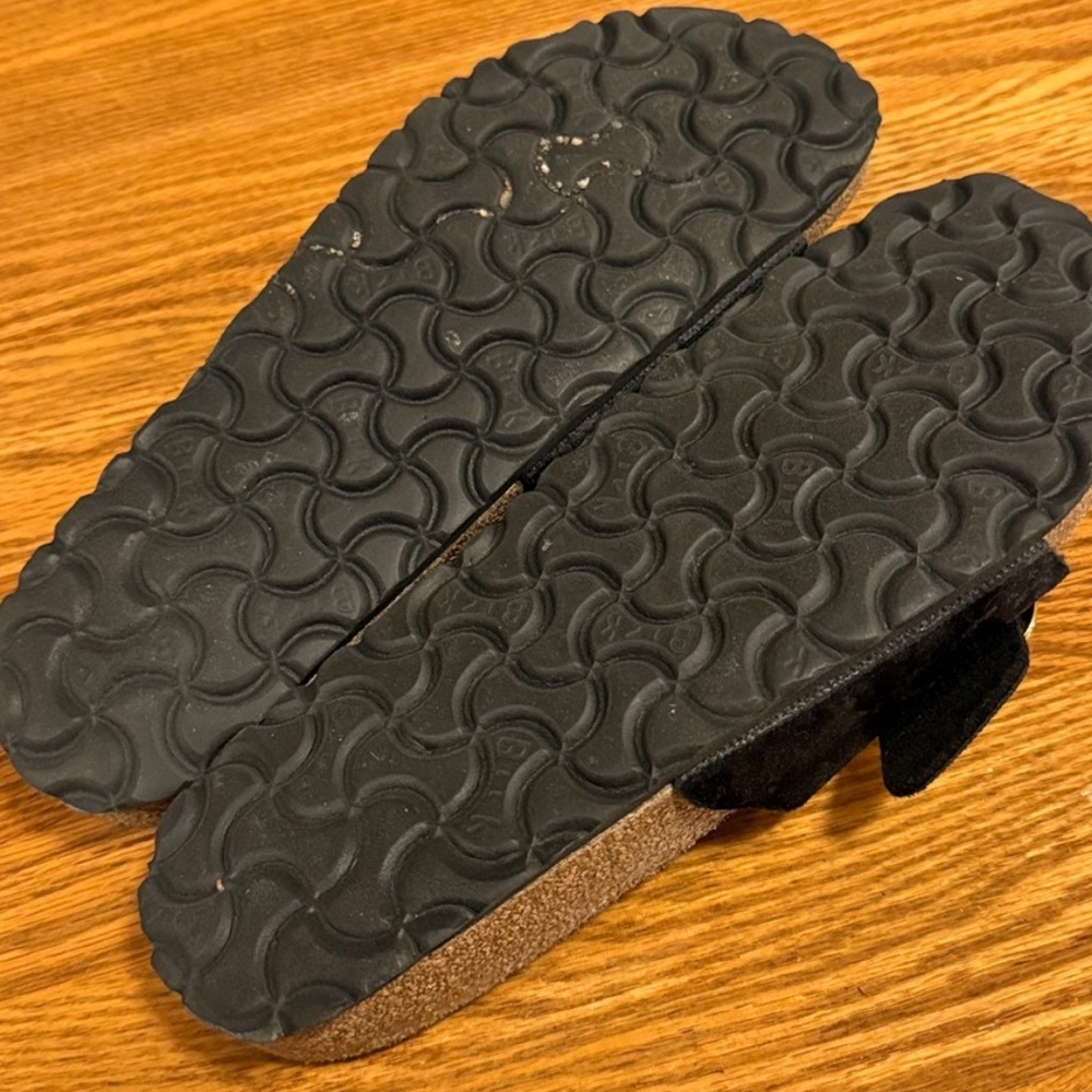 Birkenstock Black Velvet Slide Sandals with Gold Buckles - Picture 6 of 6